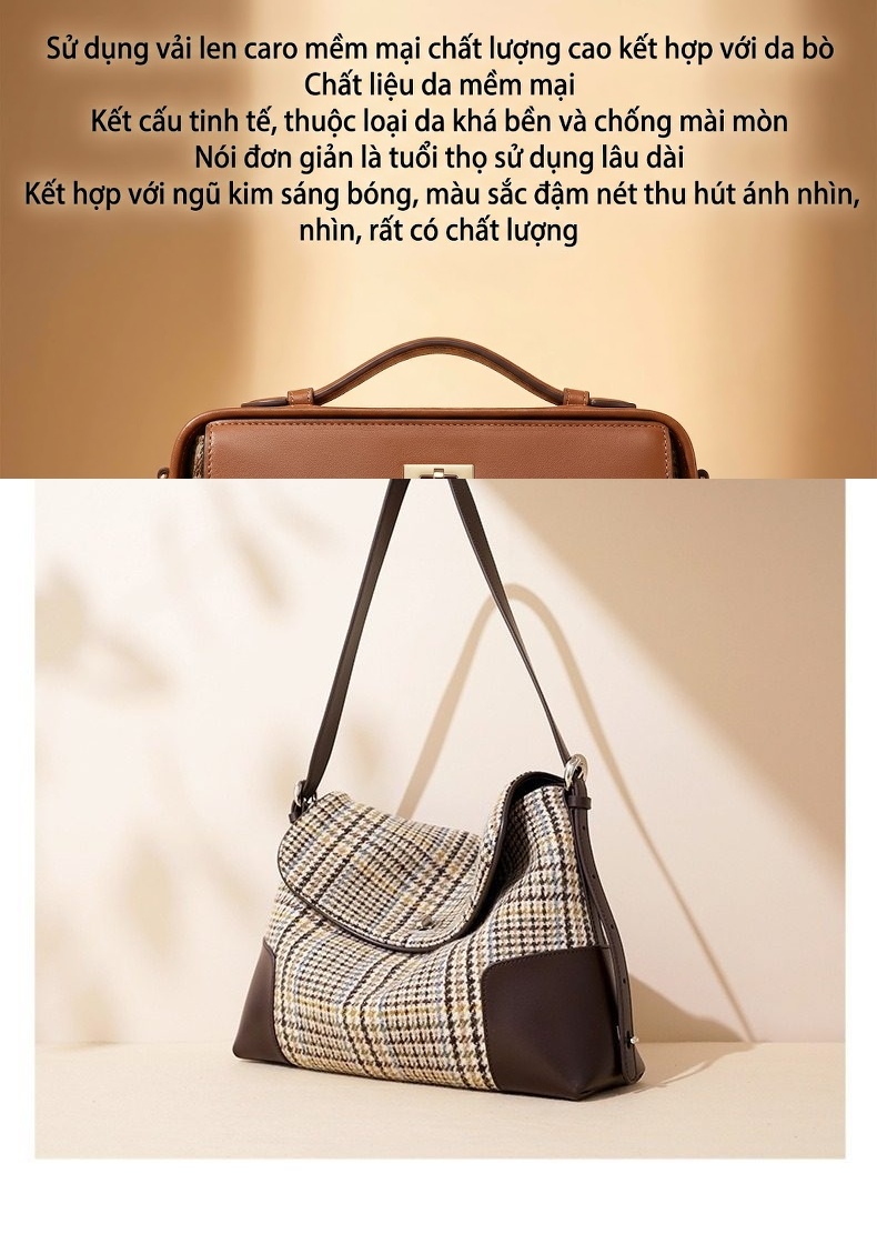 Túi Đeo Vai Nữ Vải Lông Cừu Caro Phối Da Bò, Túi Tote Lớn chi tiết 4