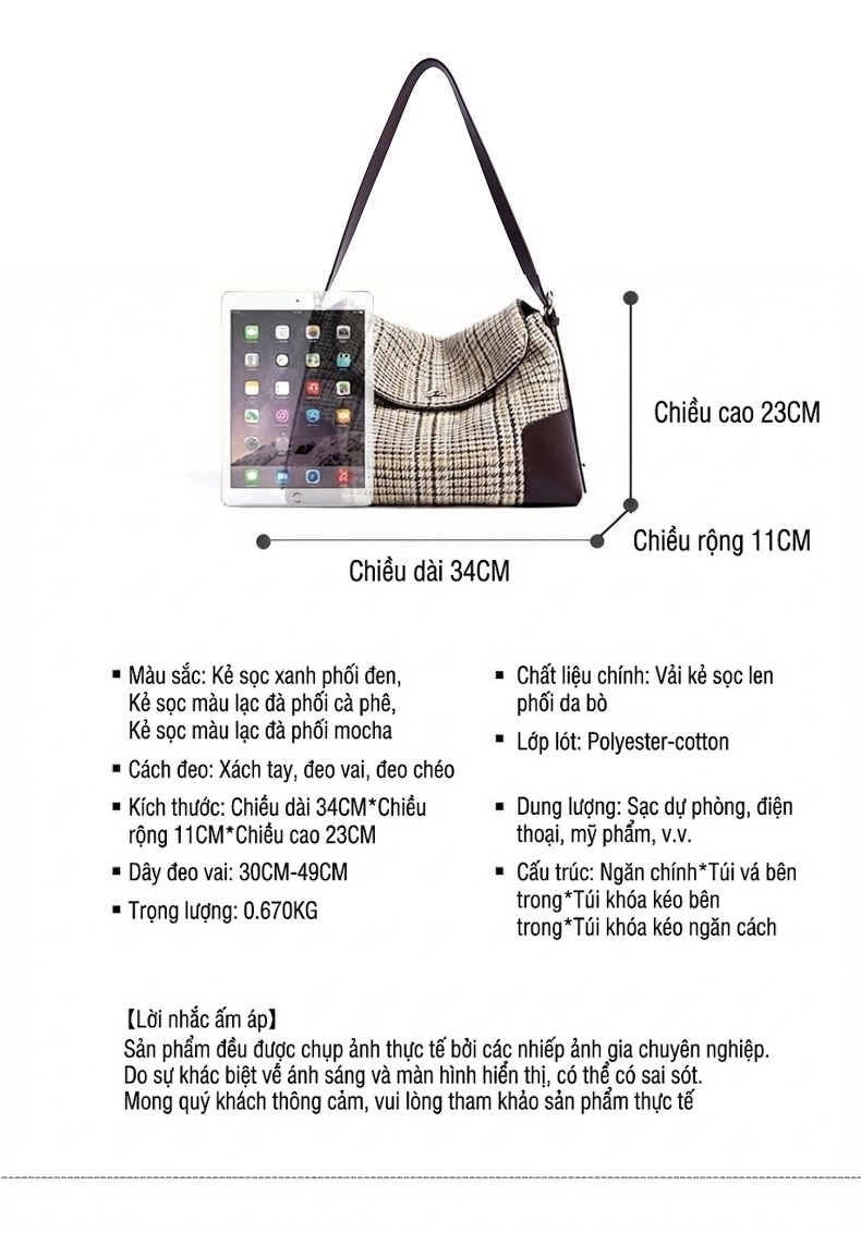 Túi Đeo Vai Nữ Vải Lông Cừu Caro Phối Da Bò, Túi Tote Lớn chi tiết 9