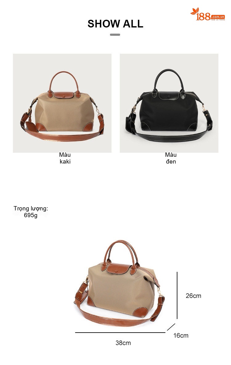 Túi Đeo Vai Nữ Vải Nylon Bố Trí Da Thật Đựng Đồ Du Lịch Cỡ Lớn Màu Be, Đen chi tiết 7