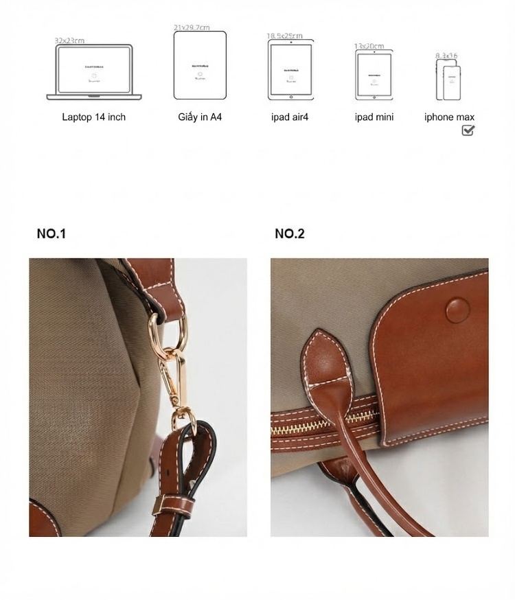 Túi Đeo Vai Nữ Vải Nylon Bố Trí Da Thật Đựng Đồ Du Lịch Cỡ Lớn Màu Be, Đen chi tiết 8