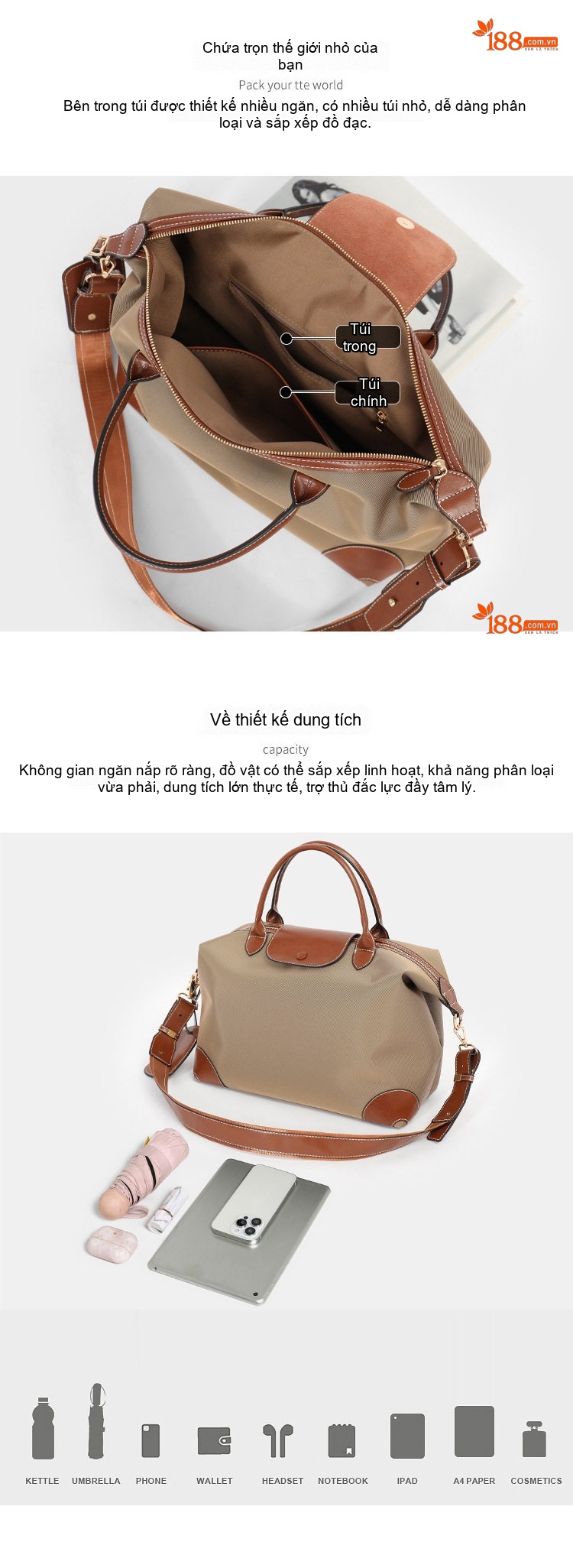 Túi Đeo Vai Nữ Vải Nylon Túi Tote Du Lịch Cỡ Lớn Quai Xách Da Thật Màu Be, Nâu, Đen chi tiết 5