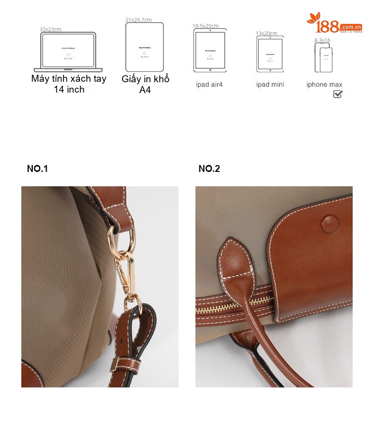 Túi Đeo Vai Nữ Vải Nylon Túi Tote Du Lịch Cỡ Lớn Quai Xách Da Thật Màu Be, Nâu, Đen chi tiết 4