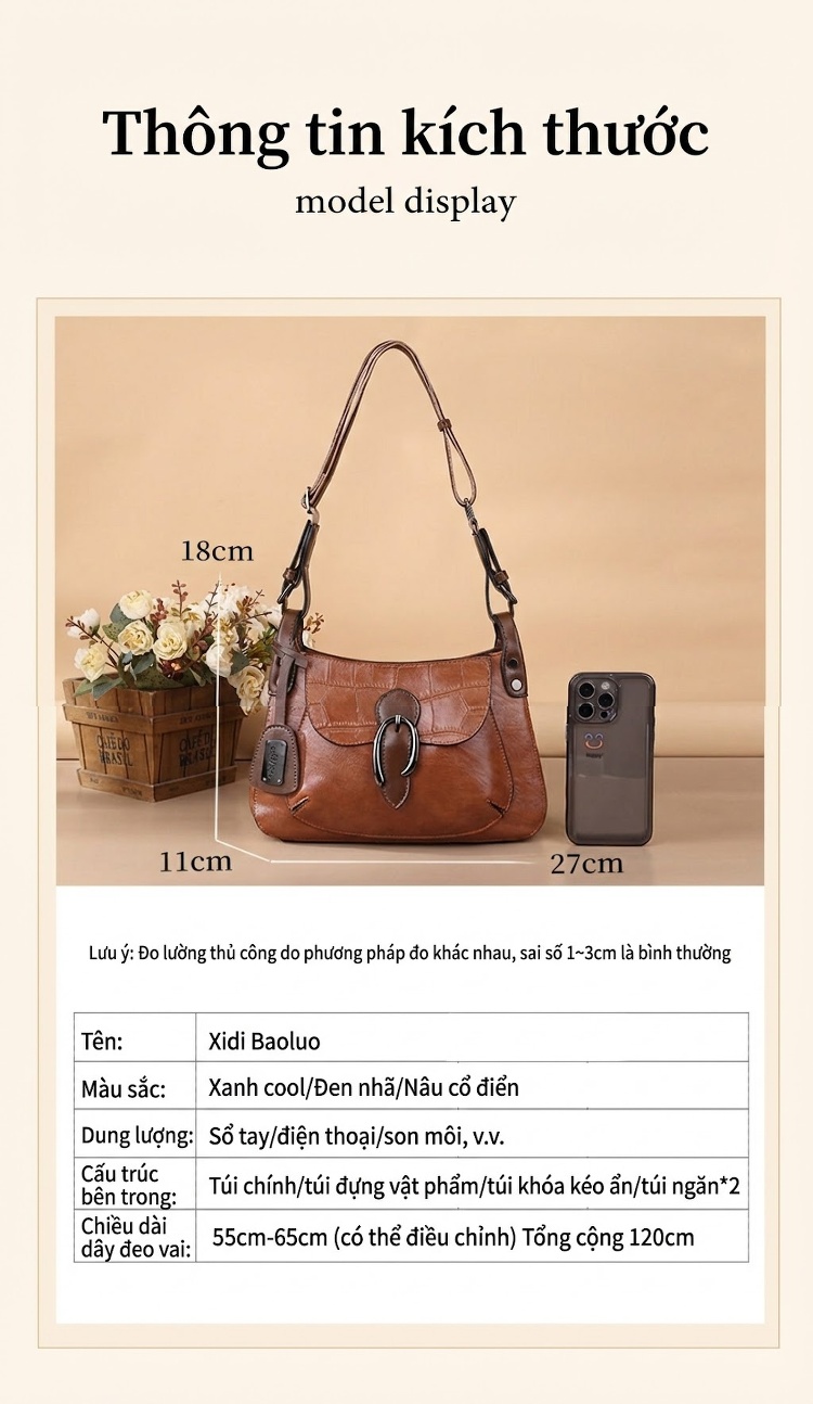 Túi Đeo Vai Nữ Vintage Âu Mỹ Dập Vân Cá Sấu, Túi Đeo Chéo Nữ Màu Nâu, Xanh, Đen chi tiết 14