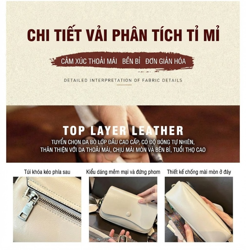 Túi Đeo Vai/Túi Đeo Chéo Nữ Da Bò Phong Cách Hàn Quốc Màu Nâu, Trắng, Đen, Kem chi tiết 3