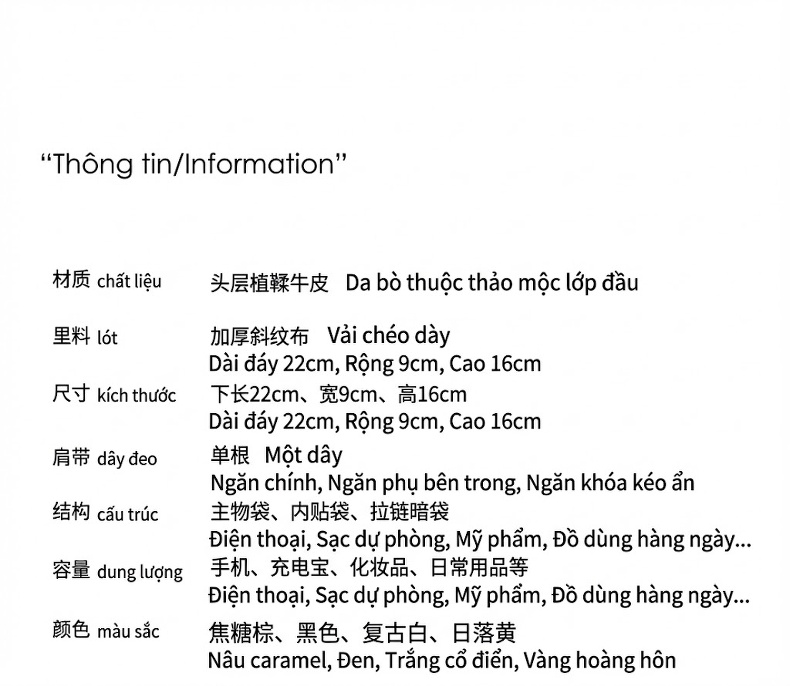 Túi Đeo Vai/Túi Đeo Chéo Nữ Da Bò Phong Cách Hàn Quốc Màu Nâu, Trắng, Đen, Kem chi tiết 9