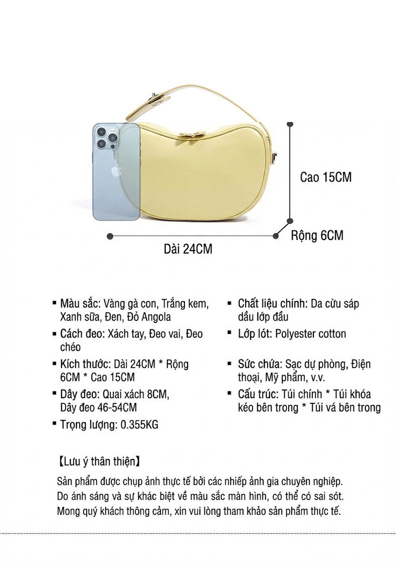 Túi Đeo Vai/Túi Đeo Chéo Nữ Da Cừu Thiết Kế Hình Hạt Đậu Thời Trang Kèm Túi Nhỏ Màu Vàng, Xanh Dương, Đỏ Rượu Vang chi tiết 7