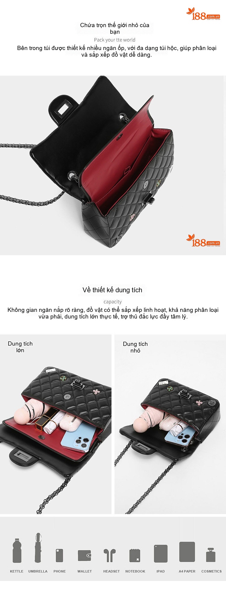 Túi Đeo Vai/Túi Đeo Chéo Nữ Trám Ô Dây Xích Phong Cách Thời Trang Cá Tính Màu Đen, Trắng chi tiết 3