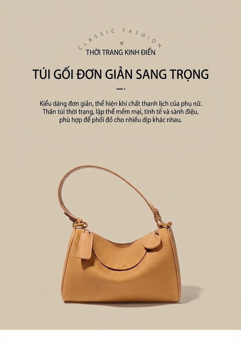 Túi Đeo Vai/Túi Kẹp Nách Nữ Da Bò Cao Cấp Dáng Boston Đơn Giản Màu Nâu chi tiết 1