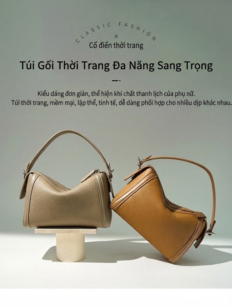 Túi Đeo Vai/Túi Kẹp Nách Nữ Da Bò Cao Cấp Dáng Boston Đơn Giản Màu Nâu chi tiết 2