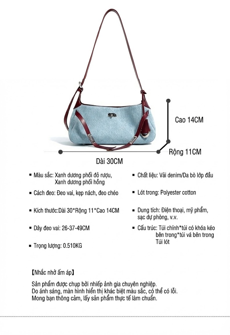 Túi Đeo Vai/Túi Kẹp Nách Nữ Da Bò Phối Vải Denim Cao Cấp, Dung Tích Lớn, Phong Cách Thời Trang - Màu Xanh Denim, Đỏ Burgundy chi tiết 4