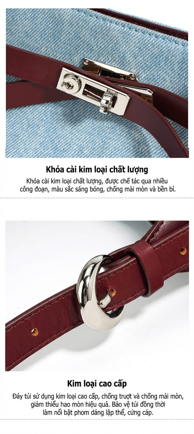 Túi Đeo Vai/Túi Kẹp Nách Nữ Da Bò Phối Vải Denim Cao Cấp, Dung Tích Lớn, Phong Cách Thời Trang - Màu Xanh Denim, Đỏ Burgundy chi tiết 8