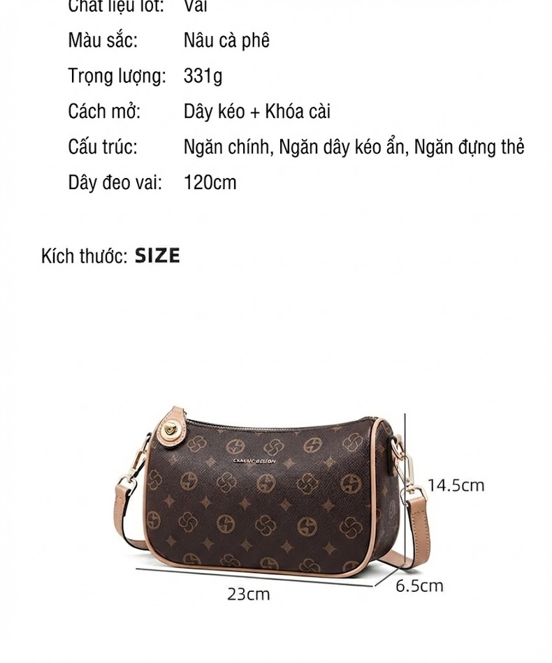 Túi Đeo Vai/Túi Kẹp Nách/Túi Đeo Chéo Nữ In Họa Tiết Phong Cách Vintage Màu Nâu chi tiết 3