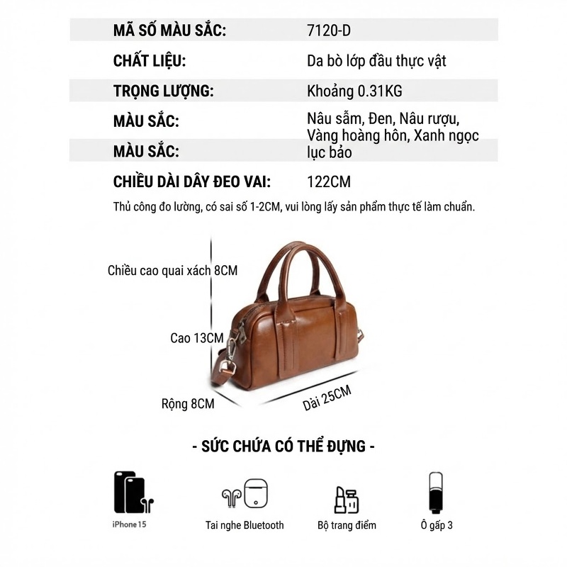 Túi Đeo Vai/Túi Xách Tay Nữ Da Bò Dáng Boston Màu Nâu Đậm, Đen, Nâu Cà Phê, Vàng...
