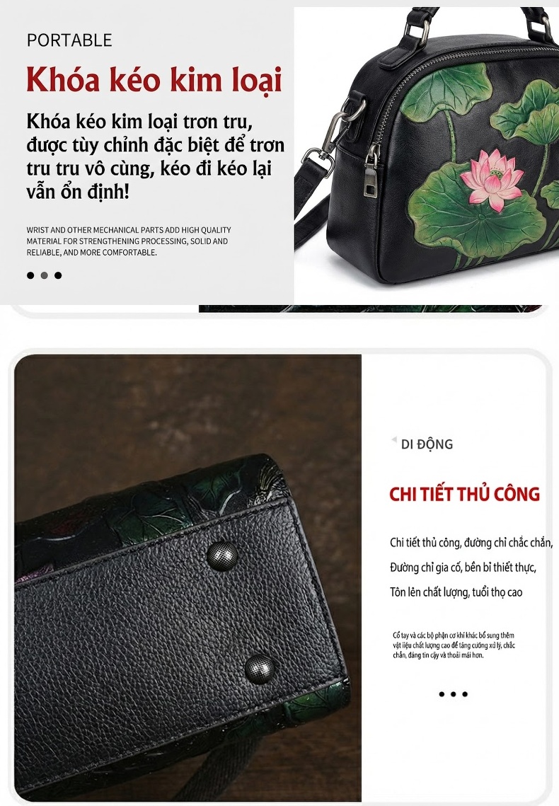 Túi Đeo Vai/Túi Xách Tay Nữ Da Bò Dập Họa Tiết Phong Cách Cổ Điển Màu Đen chi tiết 11