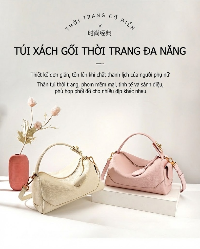 Túi Đeo Vai/Túi Xách Tay Nữ Da Bò Form Toasted Thời Trang Màu Hồng, Kem chi tiết 1