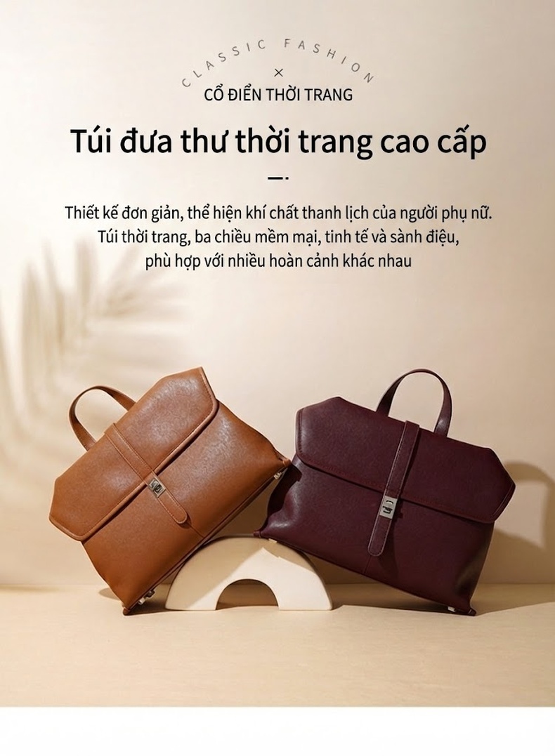 Túi Đeo Vai/Túi Xách Tay Nữ Da Bò Hai Lớp Dung Tích Lớn Đa Năng Màu Đỏ Rượu Vang, Nâu, Đen chi tiết 1
