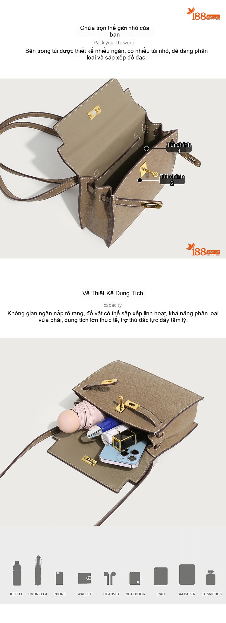 Túi Đeo Vai/Túi Xách Tay Nữ Kiểu Kelly Vintage, Da Vân Lychee Màu Kem, Nâu, Xám chi tiết 4