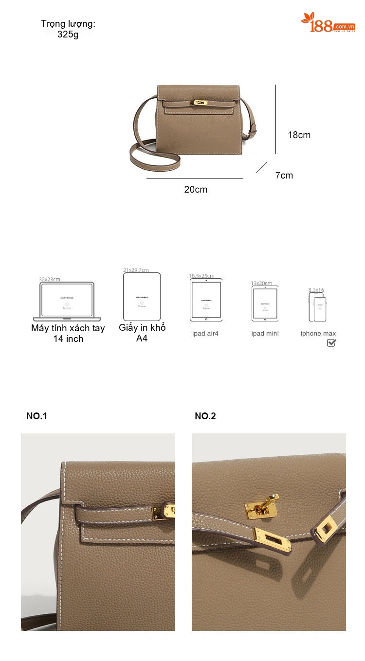 Túi Đeo Vai/Túi Xách Tay Nữ Kiểu Kelly Vintage, Da Vân Lychee Màu Kem, Nâu, Xám chi tiết 3