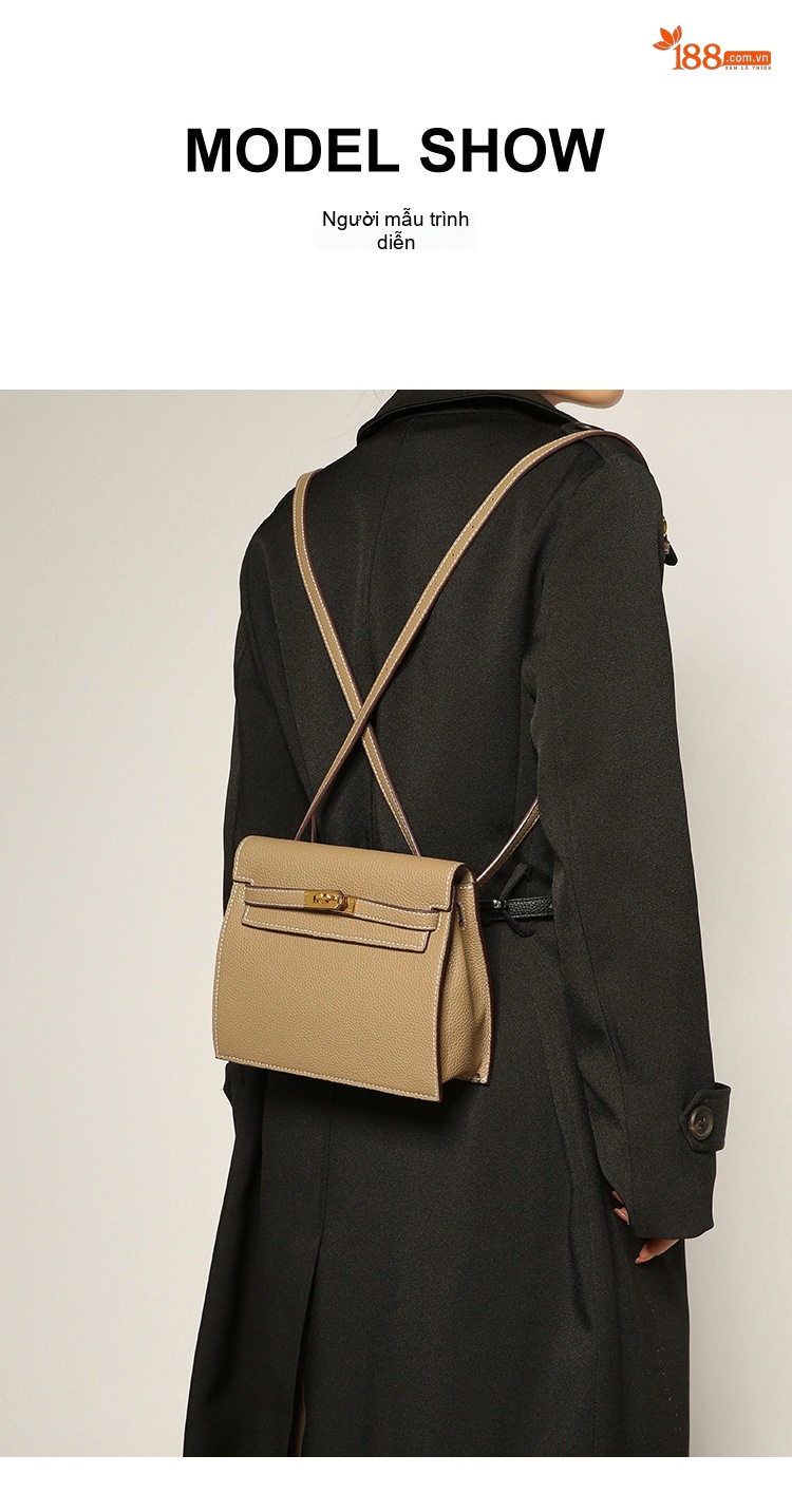 Túi Đeo Vai/Túi Xách Tay Nữ Kiểu Kelly Vintage, Da Vân Lychee Màu Kem, Nâu, Xám chi tiết 5