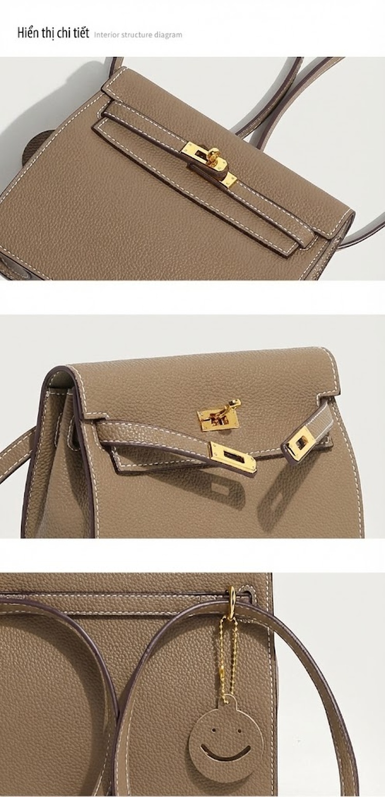 Túi Đeo Vai/Túi Xách Tay Nữ Kiểu Kelly Vintage, Da Vân Lychee Màu Kem, Nâu, Xám chi tiết 17