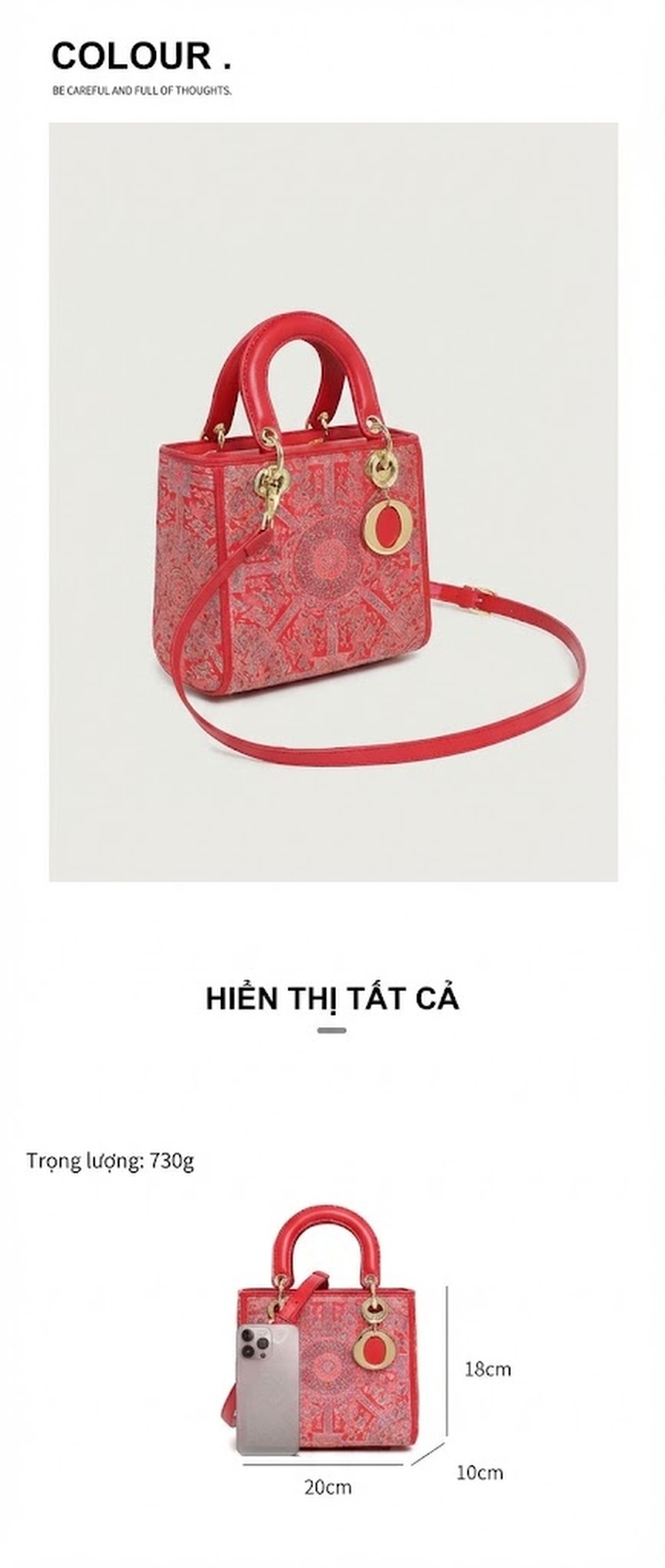 Túi Đeo Vai/Túi Xách Tay Nữ Phong Cách Trung Hoa Vải Gấm Song Chiều Cao 3cm Màu Đỏ chi tiết 2