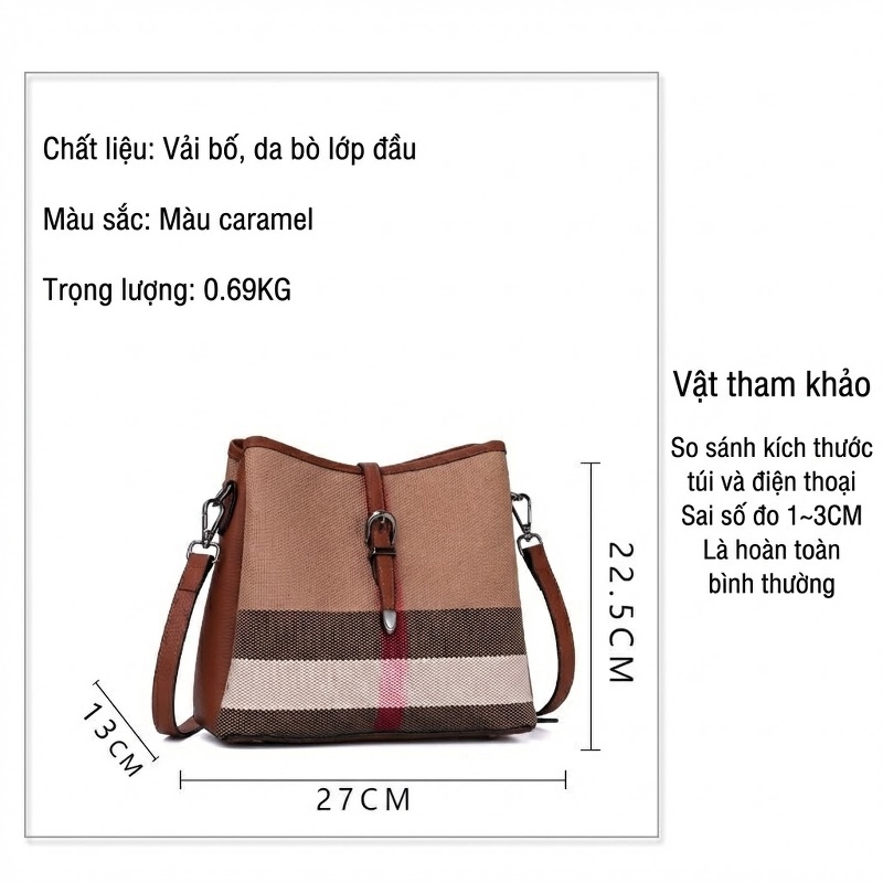 Túi Đeo Vai Vải Canvas Da Bò Kẻ Ô Cao Cấp Thời Trang Đeo Chéo Đeo Vai Màu Caramel