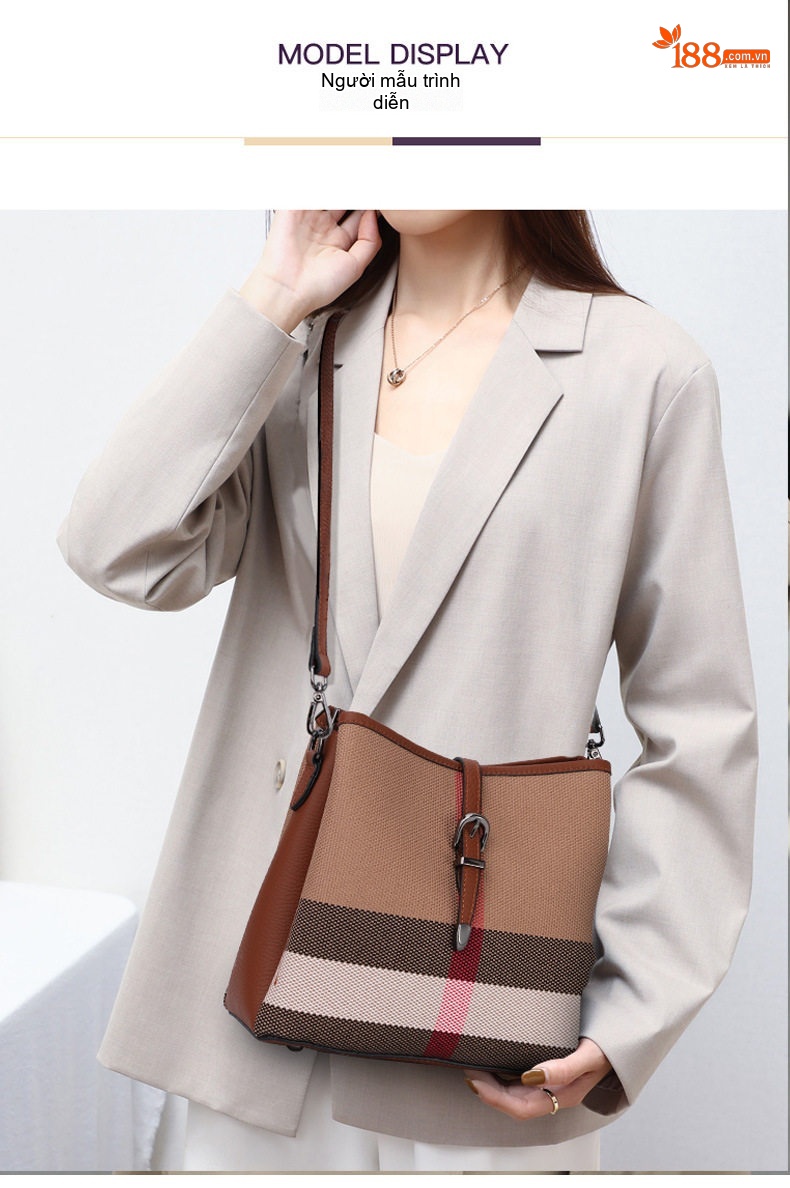 Túi Đeo Vai Vải Canvas Da Bò Kẻ Ô Cao Cấp Thời Trang Đeo Chéo Đeo Vai Màu Caramel chi tiết 1