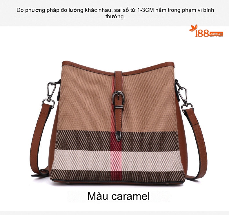 Túi Đeo Vai Vải Canvas Da Bò Kẻ Ô Cao Cấp Thời Trang Đeo Chéo Đeo Vai Màu Caramel chi tiết 6