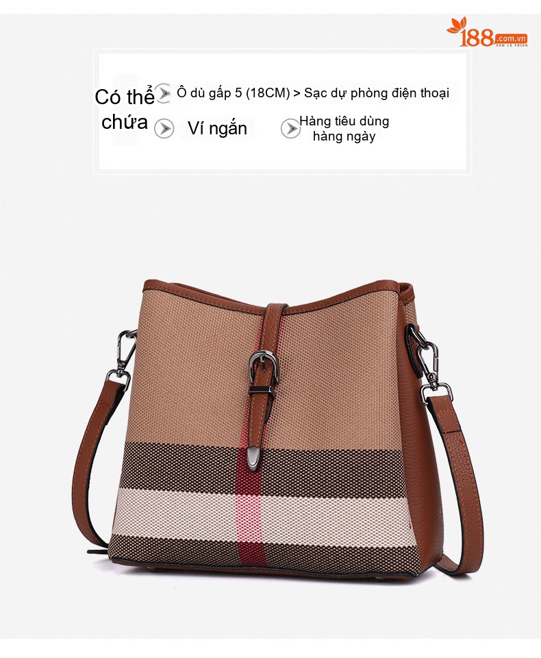 Túi Đeo Vai Vải Canvas Da Bò Kẻ Ô Cao Cấp Thời Trang Đeo Chéo Đeo Vai Màu Caramel chi tiết 8