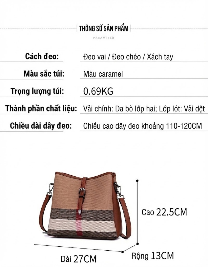 Túi Đeo Vai Vải Canvas Da Bò Kẻ Ô Cao Cấp Thời Trang Đeo Chéo Đeo Vai Màu Caramel chi tiết 21