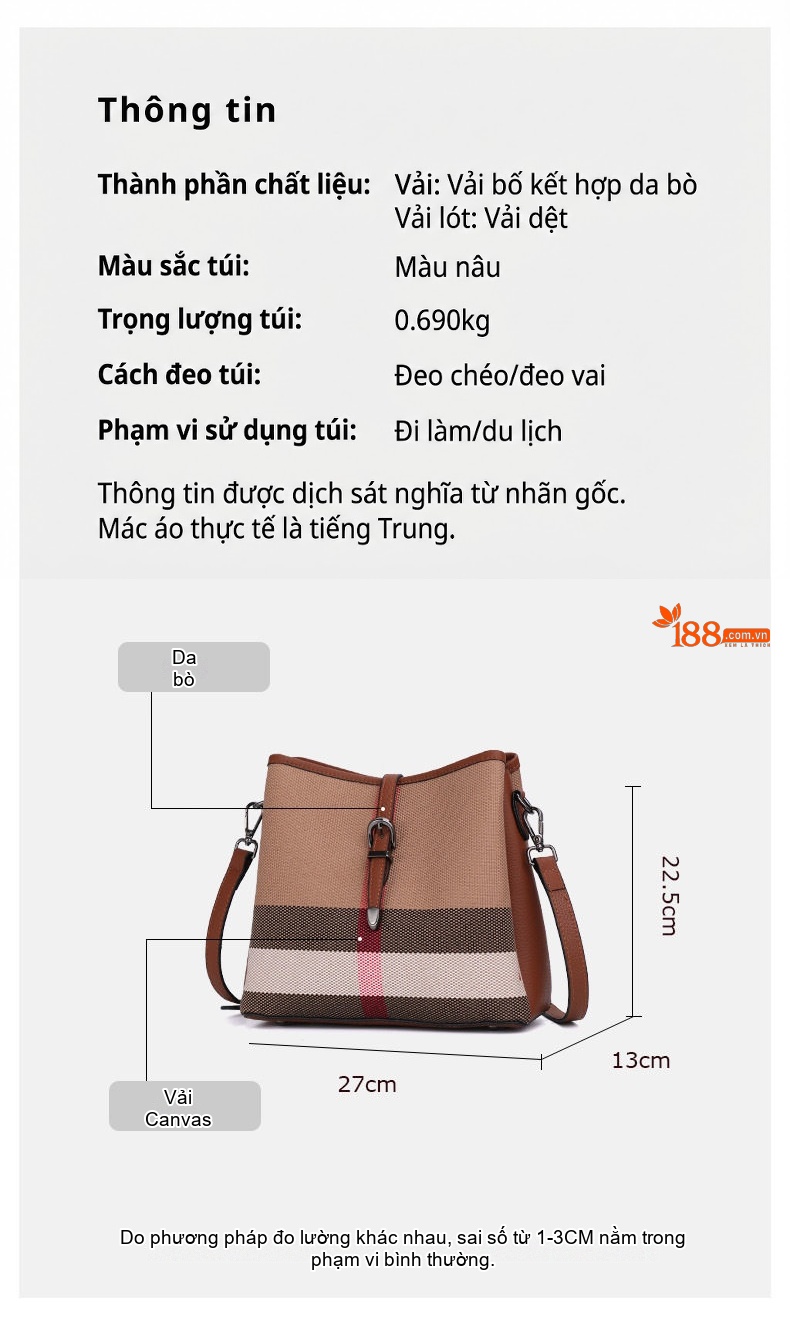 Túi Đeo Vai Vải Canvas Da Bò Kẻ Ô Cao Cấp Thời Trang Đeo Chéo Đeo Vai Màu Caramel chi tiết 5