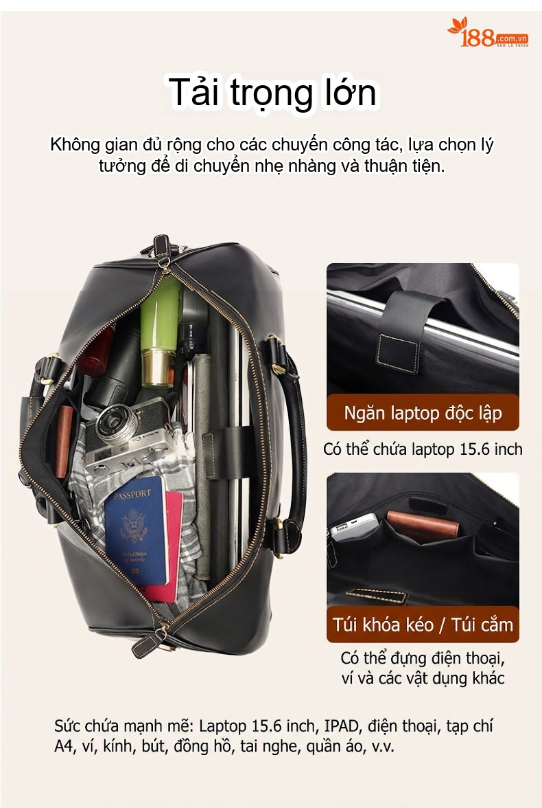 Túi Du Lịch Có Bánh Xe Da Thật Sức Chứa Lớn Màu Đen chi tiết 5