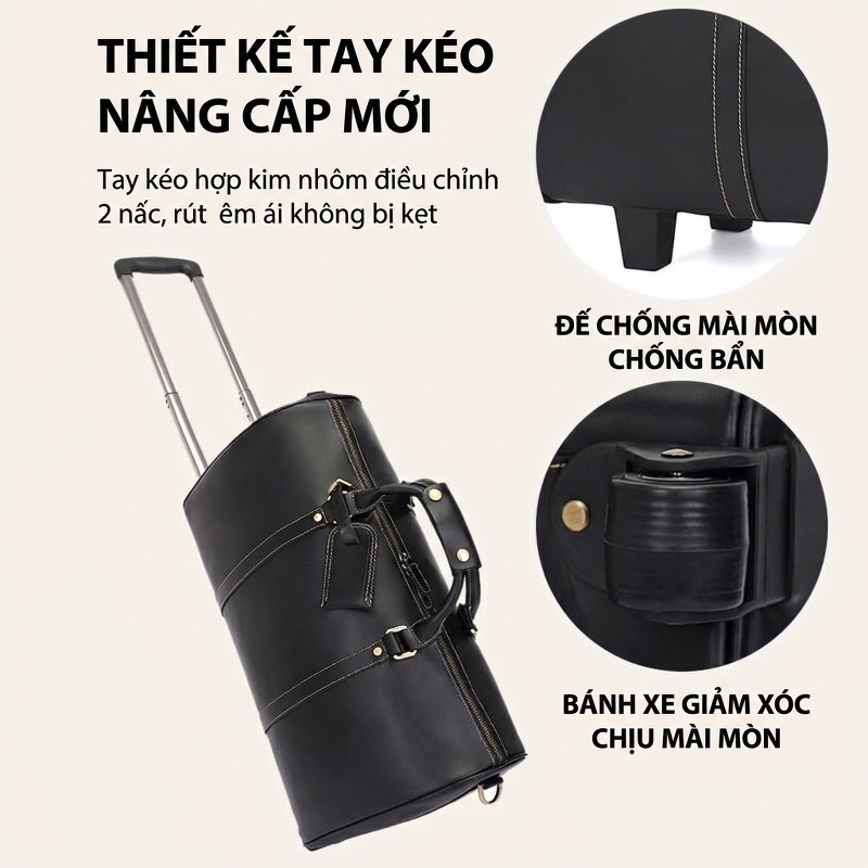 Túi Du Lịch Có Bánh Xe Da Thật Sức Chứa Lớn Màu Đen
