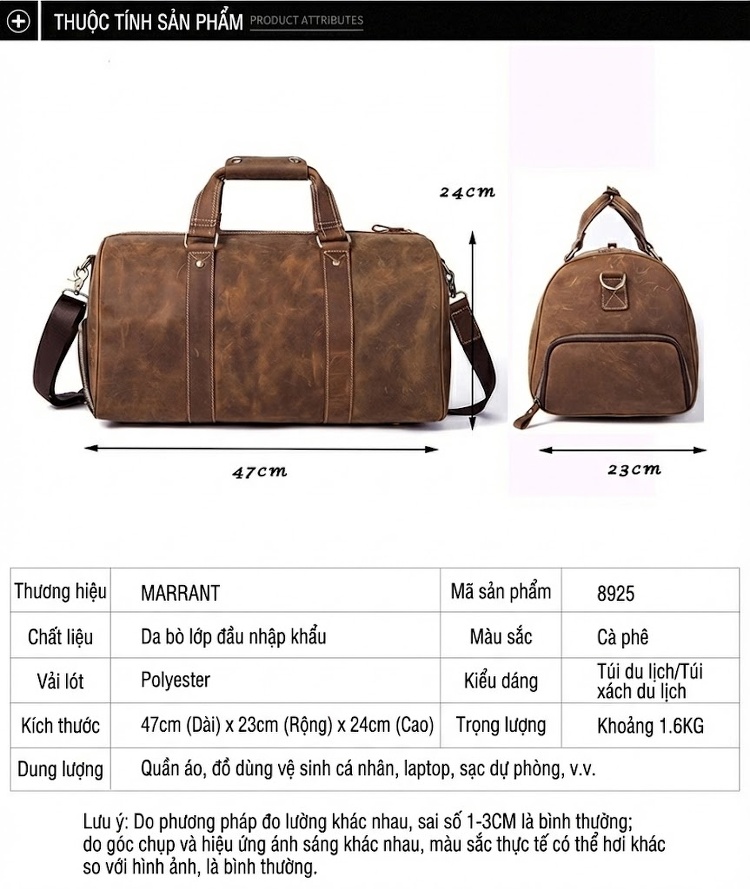 Túi Du Lịch Da Mờ Sức Chứa Lớn Phong Cách Retro Âu Mỹ Có Dây Đeo Vai Màu Nâu, Đen chi tiết 4