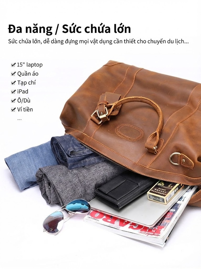 Túi Du Lịch Da Thật Sức Chứa Lớn Xách Tay Màu Nâu, Nâu Coffee chi tiết 10