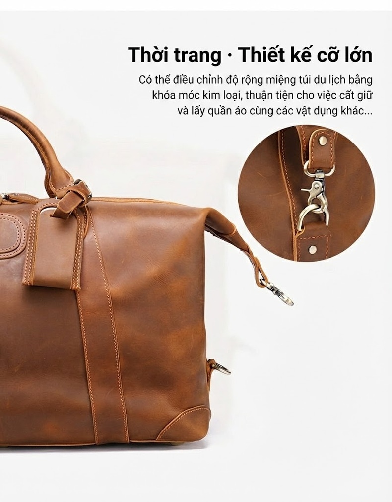 Túi Du Lịch Da Thật Sức Chứa Lớn Xách Tay Màu Nâu, Nâu Coffee chi tiết 11