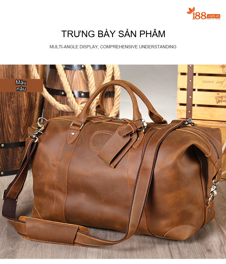 Túi Du Lịch Da Thật Sức Chứa Lớn Xách Tay Màu Nâu, Nâu Coffee chi tiết 14