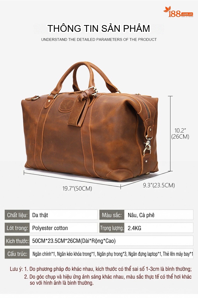 Túi Du Lịch Da Thật Sức Chứa Lớn Xách Tay Màu Nâu, Nâu Coffee chi tiết 2