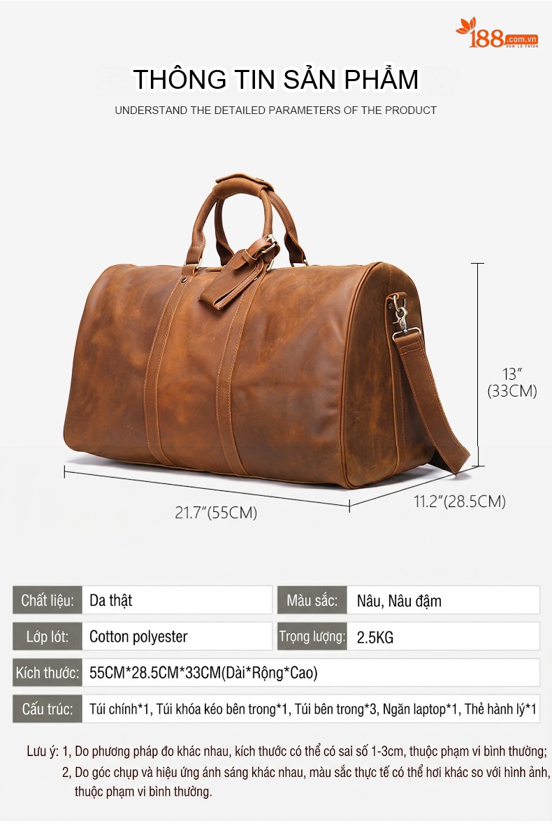 Túi Du Lịch Da Thật Sức Chứa Lớn Xách Tay Màu Nâu, Nâu Coffee chi tiết 22