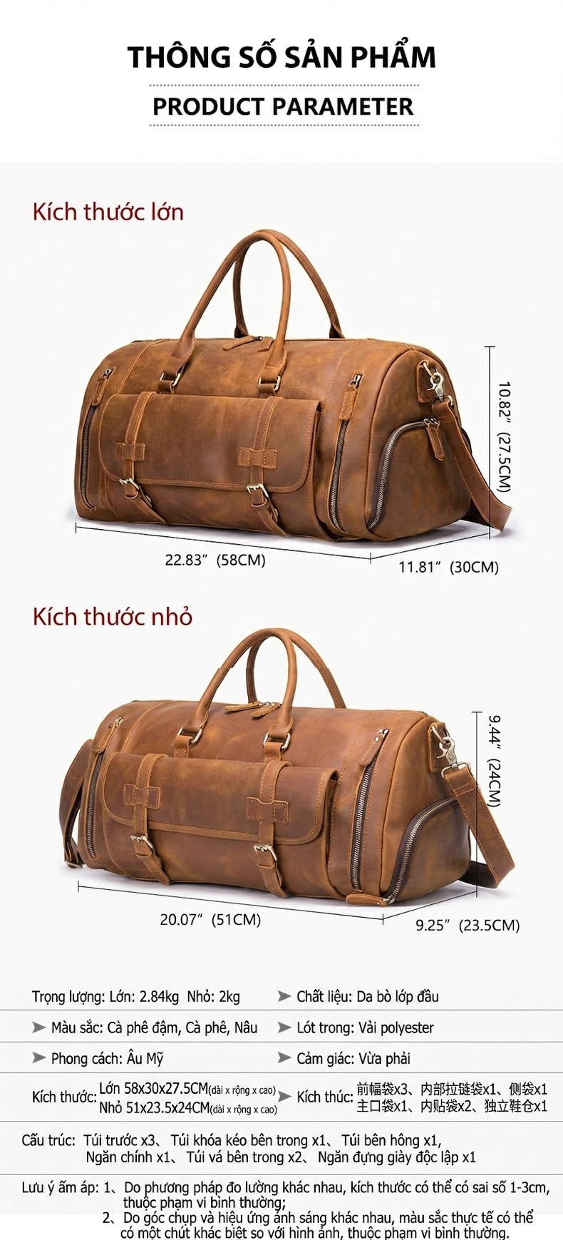 Túi Du Lịch Da Thật Sức Chứa Lớn Xách Tay Màu Nâu, Nâu Coffee chi tiết 30
