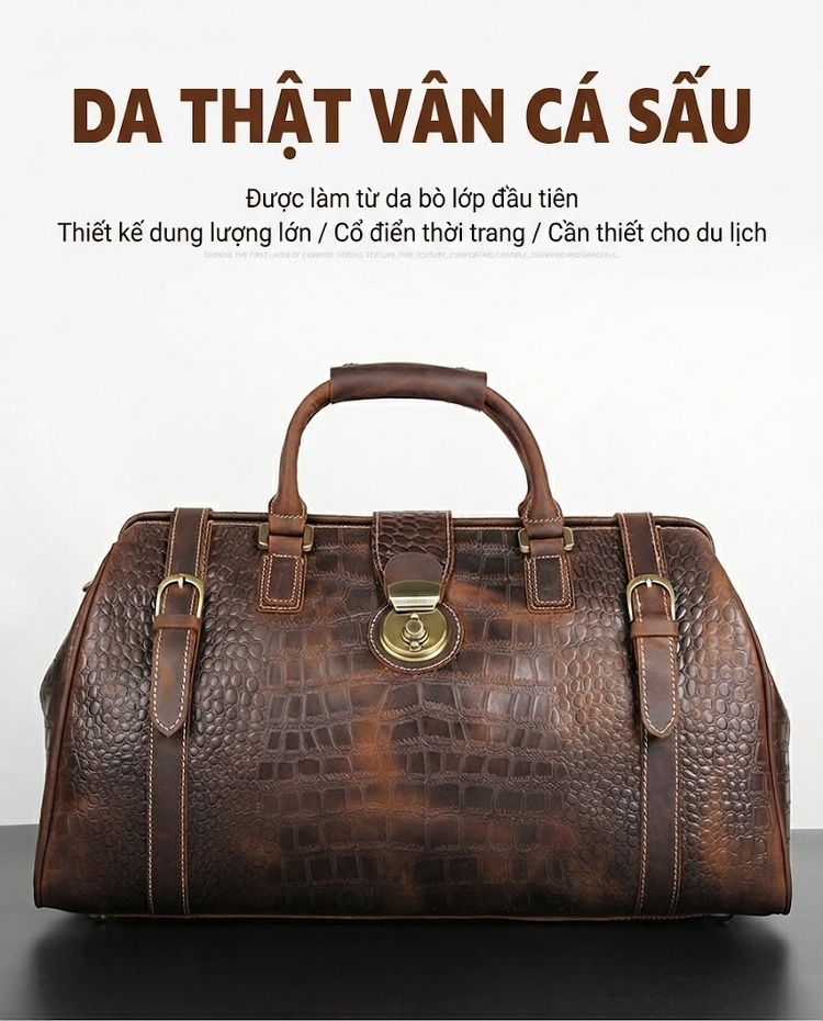 Túi Du Lịch Da Thật Vân Cá Sấu Chống Nước Sức Chứa Lớn Cổ Điển Màu Nâu chi tiết 1