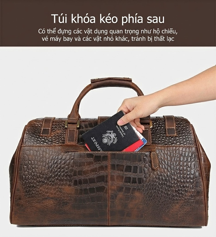 Túi Du Lịch Da Thật Vân Cá Sấu Chống Nước Sức Chứa Lớn Cổ Điển Màu Nâu chi tiết 8