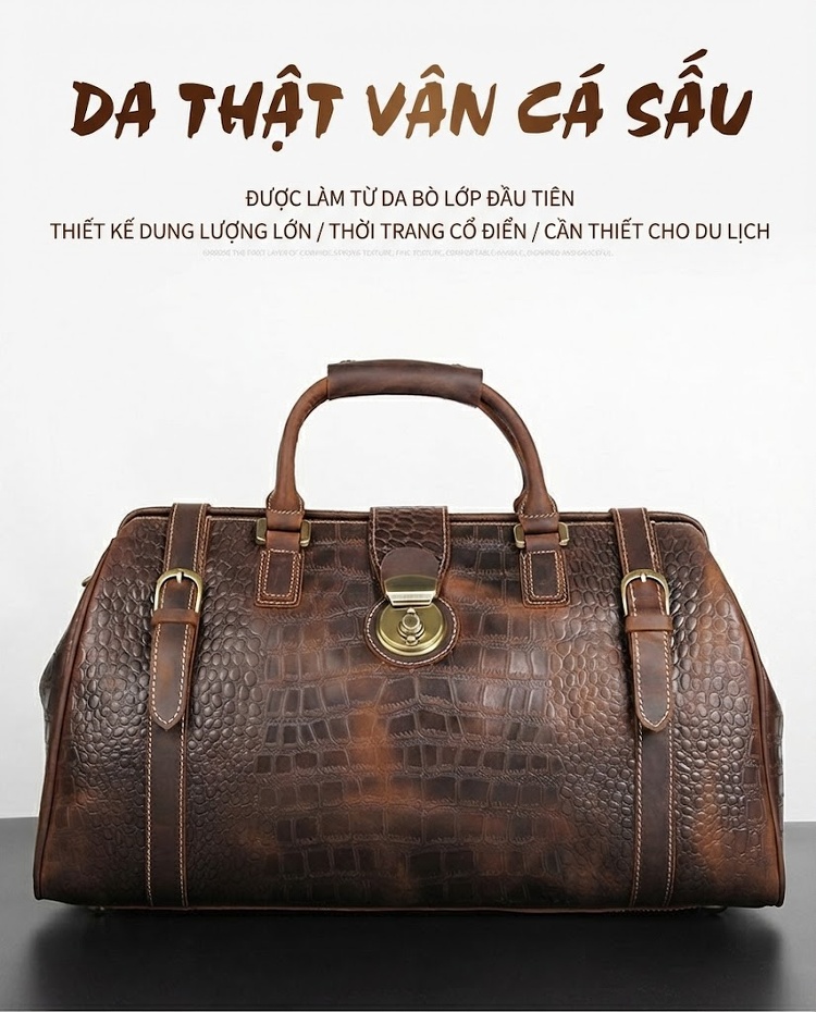 Túi Du Lịch Da Thật Vân Cá Sấu Lớn Cầm Tay Màu Nâu chi tiết 1