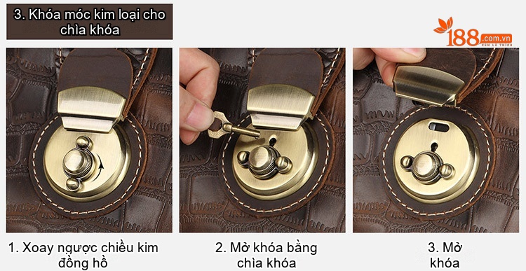Túi Du Lịch Da Thật Vân Cá Sấu Lớn Cầm Tay Màu Nâu chi tiết 6