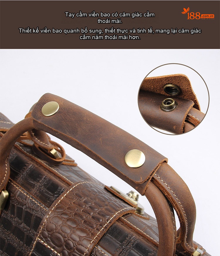 Túi Du Lịch Da Thật Vân Cá Sấu Lớn Cầm Tay Màu Nâu chi tiết 10