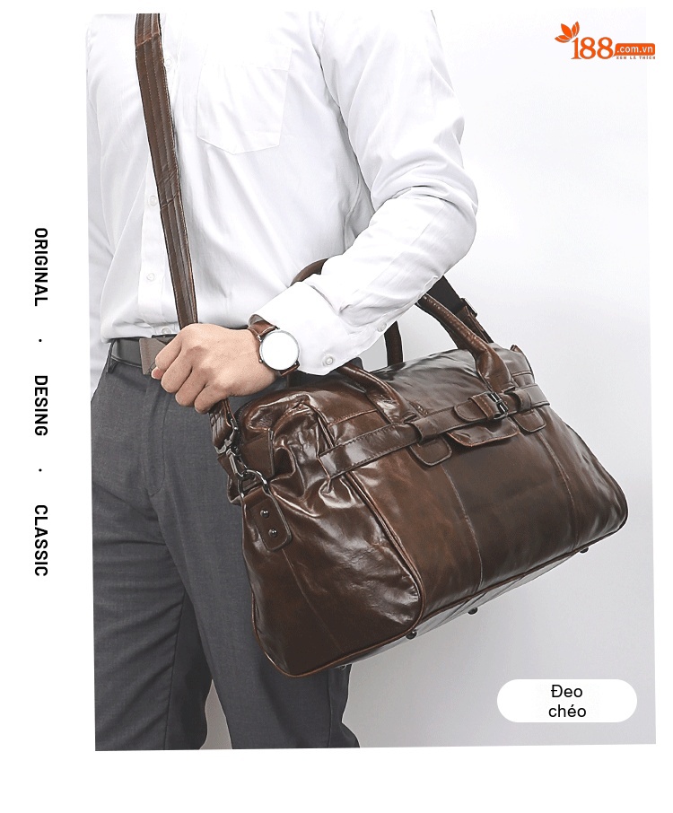 Túi Du Lịch Da Thật Vintage Chống Thấm Nước, Chống Trộm Màu Nâu chi tiết 3