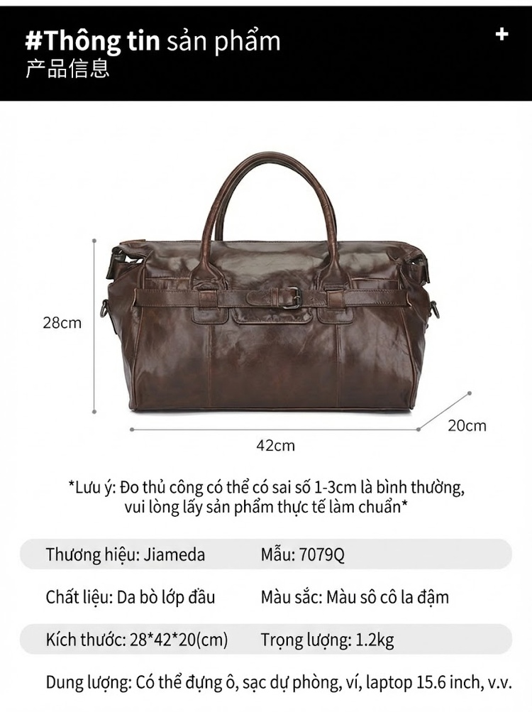 Túi Du Lịch Da Thật Vintage Chống Thấm Nước, Chống Trộm Màu Nâu chi tiết 8