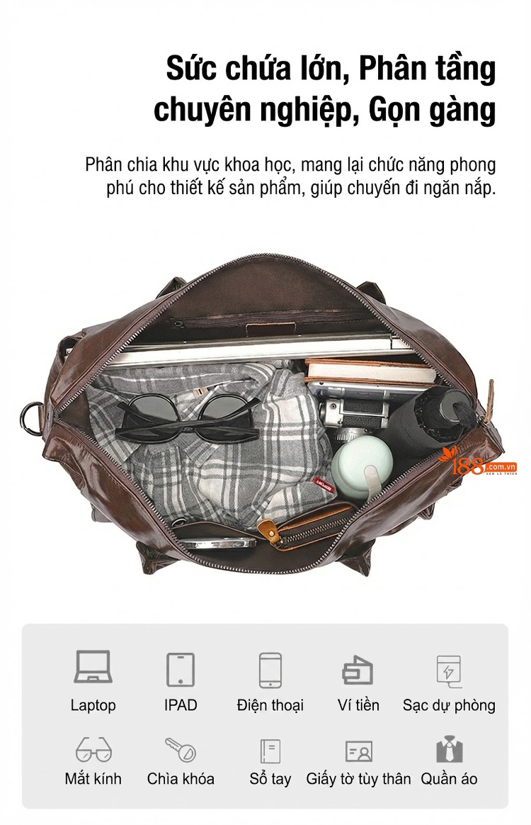 Túi Du Lịch Da Thật Vintage Chống Thấm Nước, Chống Trộm Màu Nâu chi tiết 6