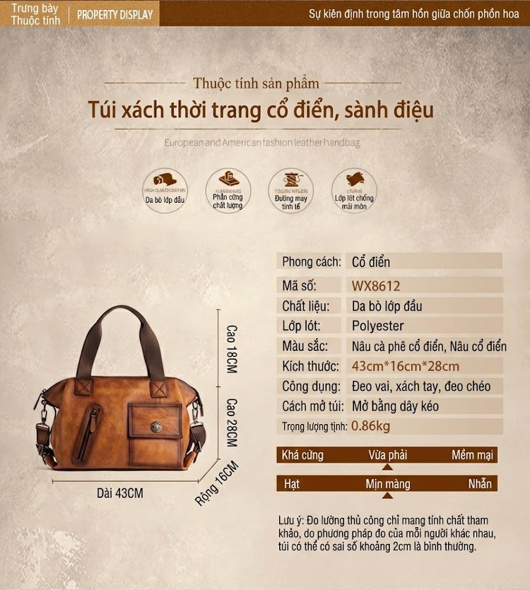 Túi Du Lịch Nam Da Bò Đa Năng Cỡ Lớn Phong Cách Retro chi tiết 16