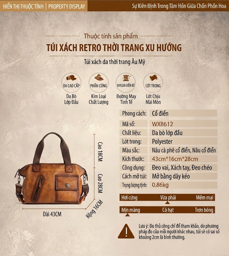 Túi Du Lịch Nam Da Bò Đa Năng Cỡ Lớn Phong Cách Retro chi tiết 2